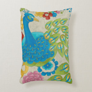Colorful Peacock and Flowers Accent Pillow