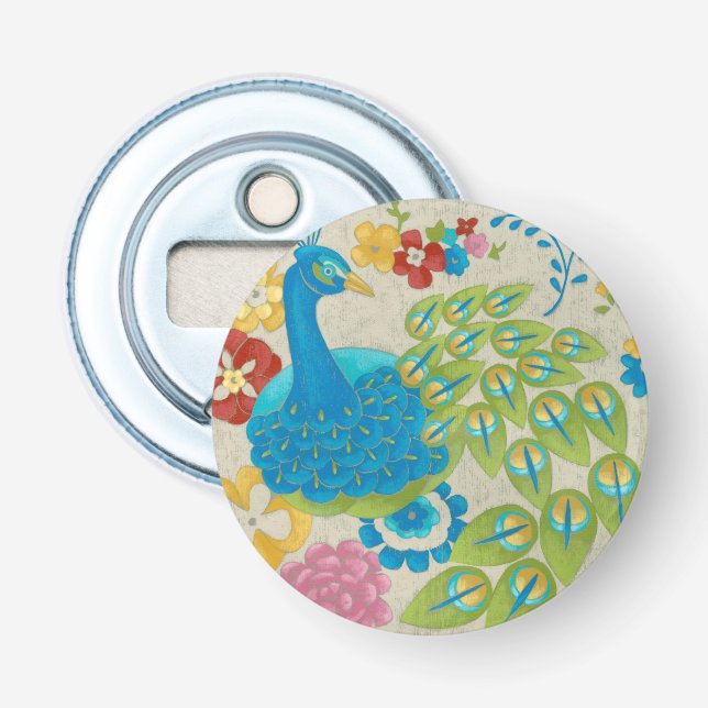 Colorful Peacock and Flowers Bottle Opener (Front)