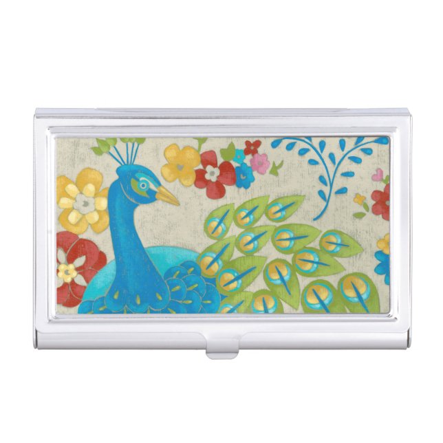 Colorful Peacock and Flowers Business Card Holder (Front)
