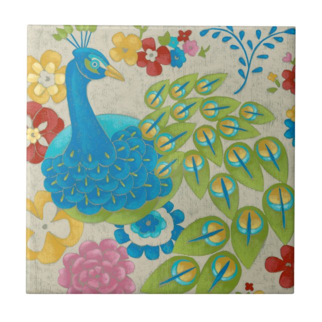 Colorful Peacock and Flowers Ceramic Tile (Front)