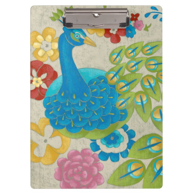 Colorful Peacock and Flowers Clipboard (Front)