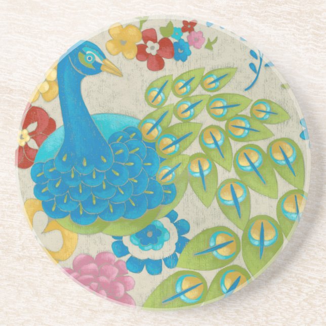 Colorful Peacock and Flowers Coaster (Front)