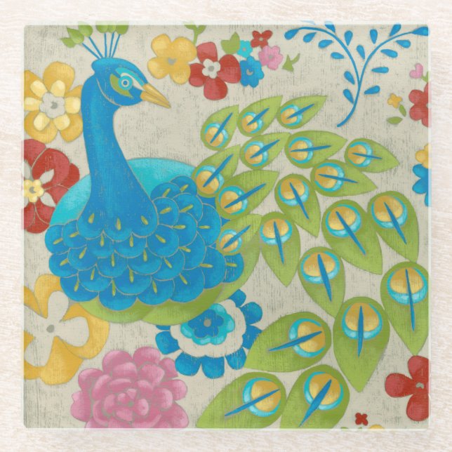 Colorful Peacock and Flowers Glass Coaster (Front)