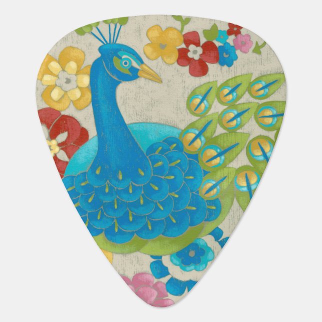 Colorful Peacock and Flowers Guitar Pick (Front)