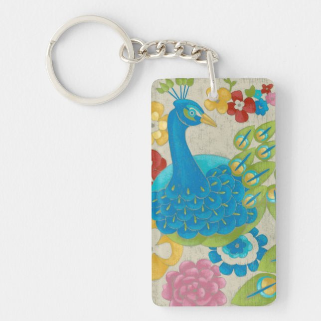 Colorful Peacock and Flowers Keychain (Front)