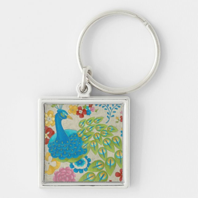 Colorful Peacock and Flowers Keychain (Front)