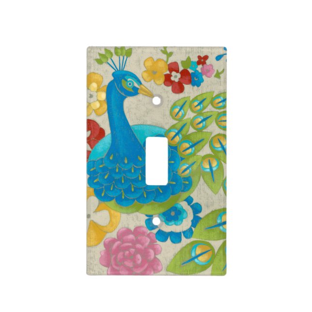 Colorful Peacock and Flowers Light Switch Cover (Front)