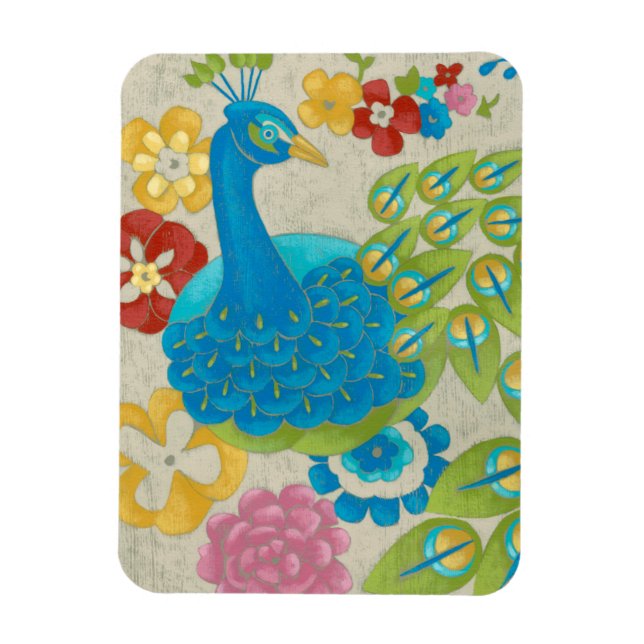 Colorful Peacock and Flowers Magnet (Vertical)