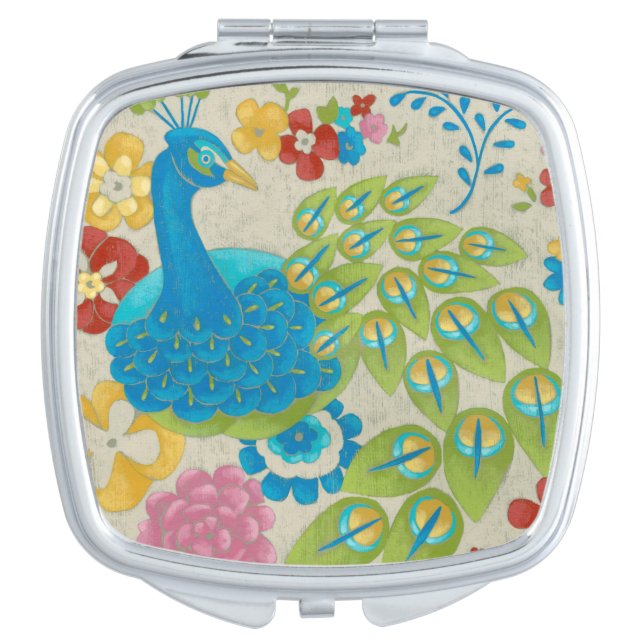 Colorful Peacock and Flowers Makeup Mirror (Front)