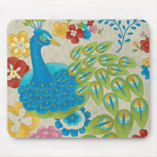Colorful Peacock and Flowers Mouse Pad (Front)