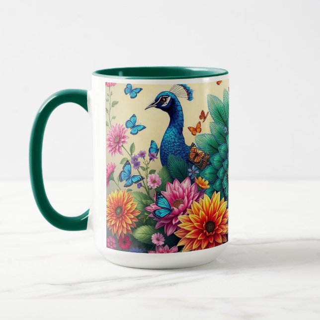 Colorful Peacock And Flowers Mug (Left)