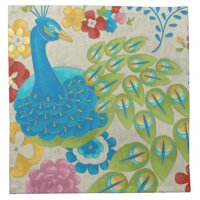 Colorful Peacock and Flowers Napkin (Front)