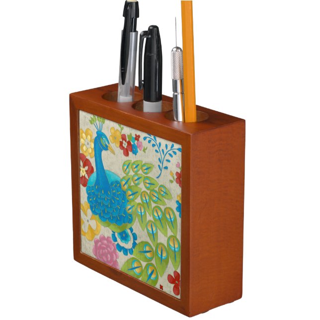 Colorful Peacock and Flowers Pencil/Pen Holder (In Situ)