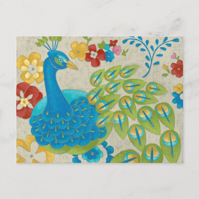 Colorful Peacock and Flowers Postcard (Front)