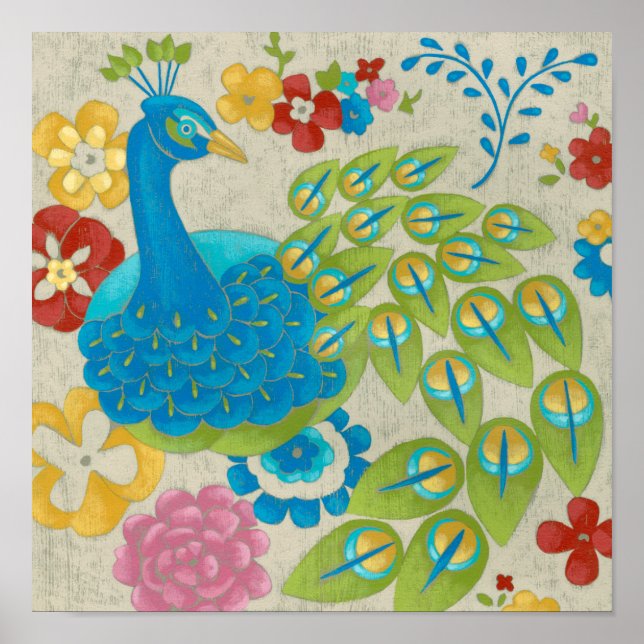 Colorful Peacock and Flowers Poster (Front)