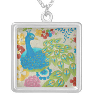 Colorful Peacock and Flowers Silver Plated Necklace