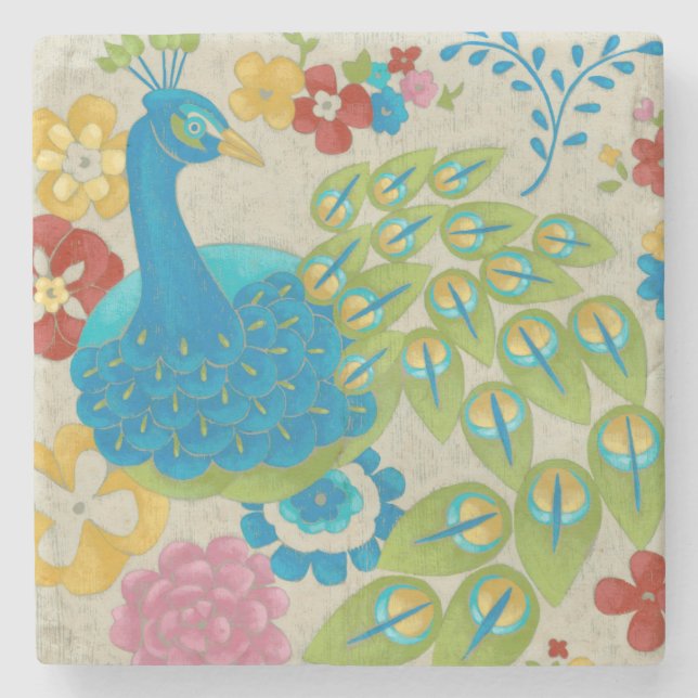 Colorful Peacock and Flowers Stone Coaster (Front)