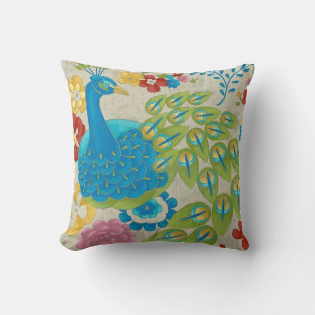 Colorful Peacock and Flowers Throw Pillow (Front)