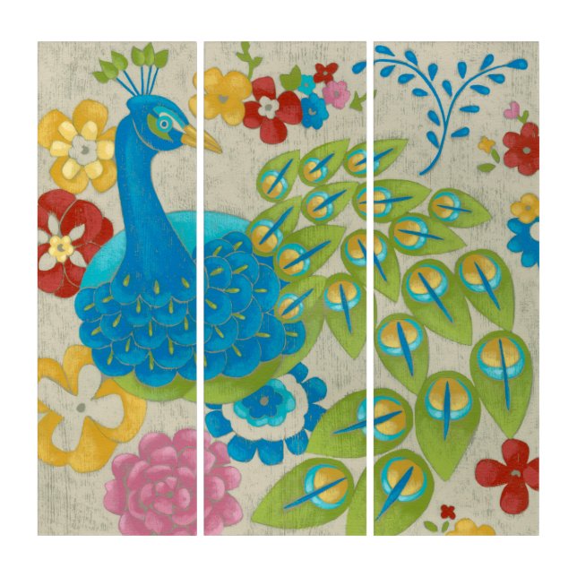 Colorful Peacock and Flowers Triptych (Front)