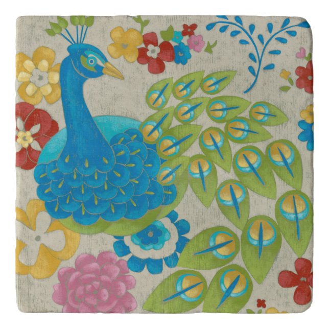 Colorful Peacock and Flowers Trivet (Front)