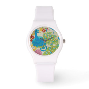 Colorful Peacock and Flowers Watch