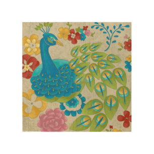 Colorful Peacock and Flowers Wood Wall Decor