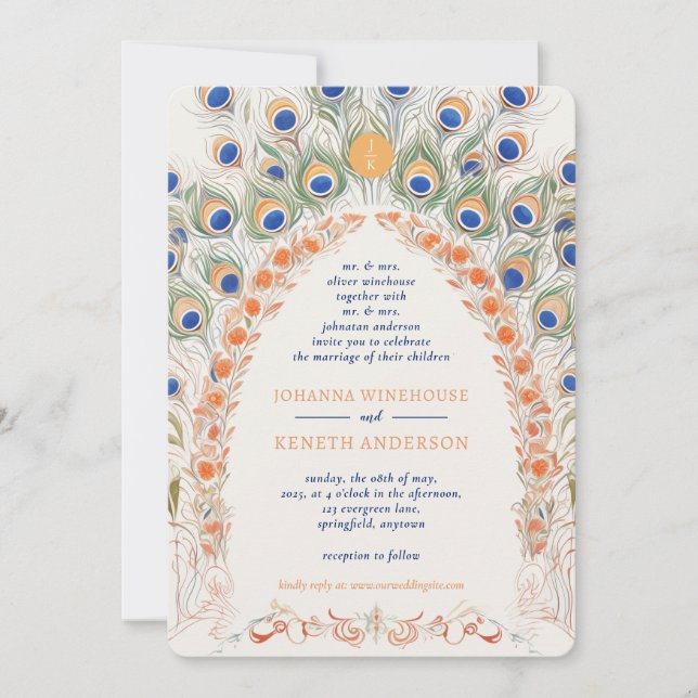 Colorful Peacock Arch | Monogram Wedding Invitation (Front)