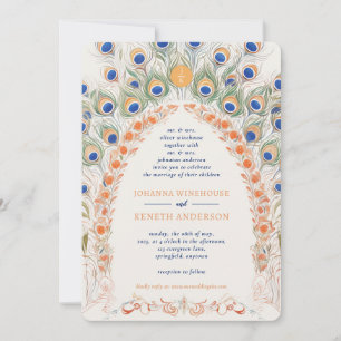 Colorful Peacock Arch   Monogram Wedding Invitation