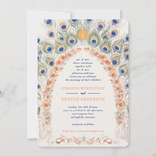 Colorful Peacock Arch  Monogram Wedding Invitation