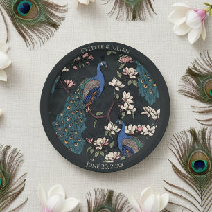 Colorful Peacock Black Paper Plates