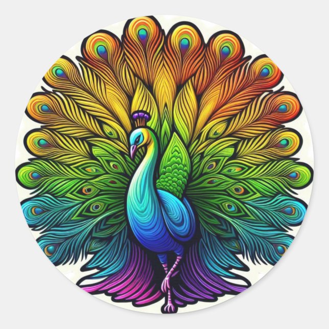 Colorful Peacock Classic Round Sticker (Front)