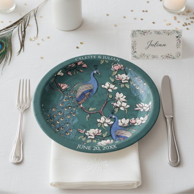 Colorful Peacock Dark Teal Paper Plates (Elegant Teal Floral Peacock Plates for Wedding or Anniversary. Colorful Peacock Feather & Flowers)
