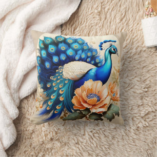 Colorful Peacock Displaying Feathers Among Flowers Throw Pillow