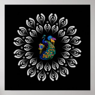 Colorful Peacock Dotting Mandala Template Poster