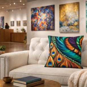 Colorful Peacock Feather Boho Throw Pillow