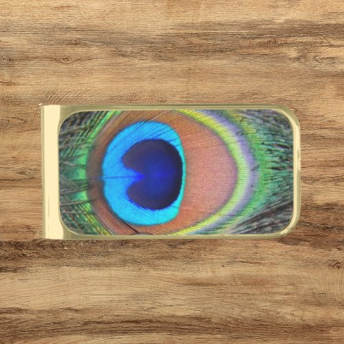 Colorful Peacock Feather Eyespot Gold Finish Money Clip