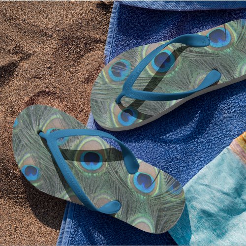 Colorful Peacock Feather Eyespot Pattern Flip Flops