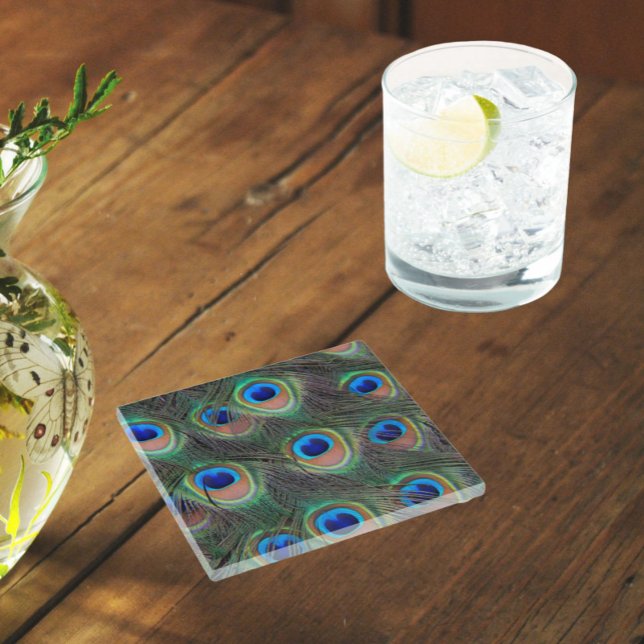Colorful Peacock Feather Eyespot Pattern Glass Coaster (In Situ Glass)