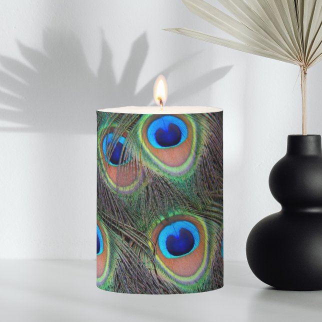 Colorful Peacock Feather Eyespot Pattern Pillar Candle (In Situ Vase)