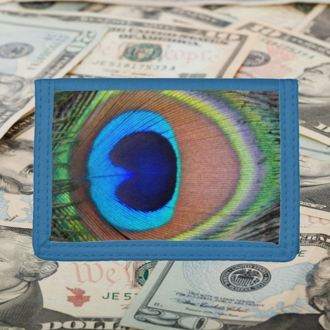 Colorful Peacock Feather Eyespot Trifold Wallet (In Situ)