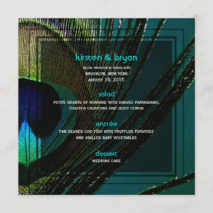 Colorful Peacock Feather Photo Boho Chic Wedding Menu