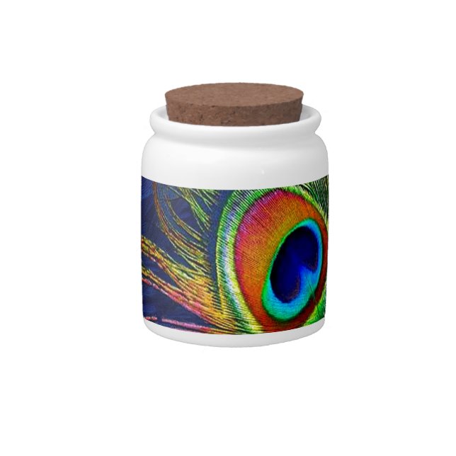 Colorful Peacock Feather Print Candy Jar (Front)