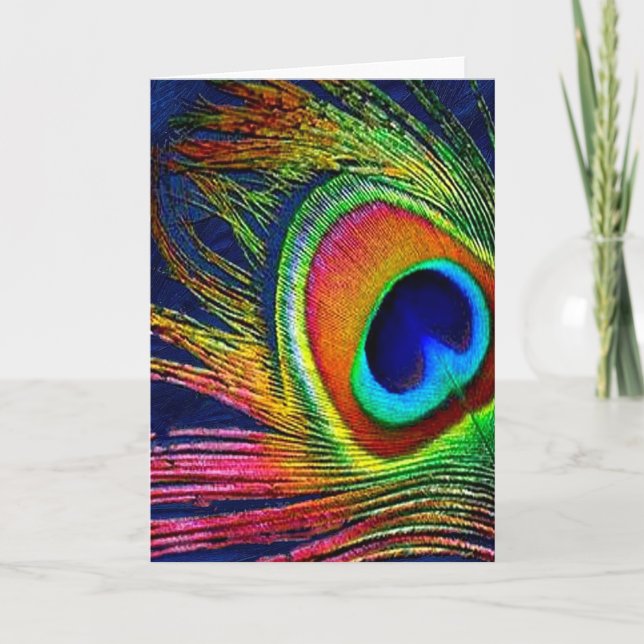 Colorful Peacock Feather Print Card (Front)