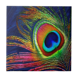 Colorful Peacock Feather Print Ceramic Tile