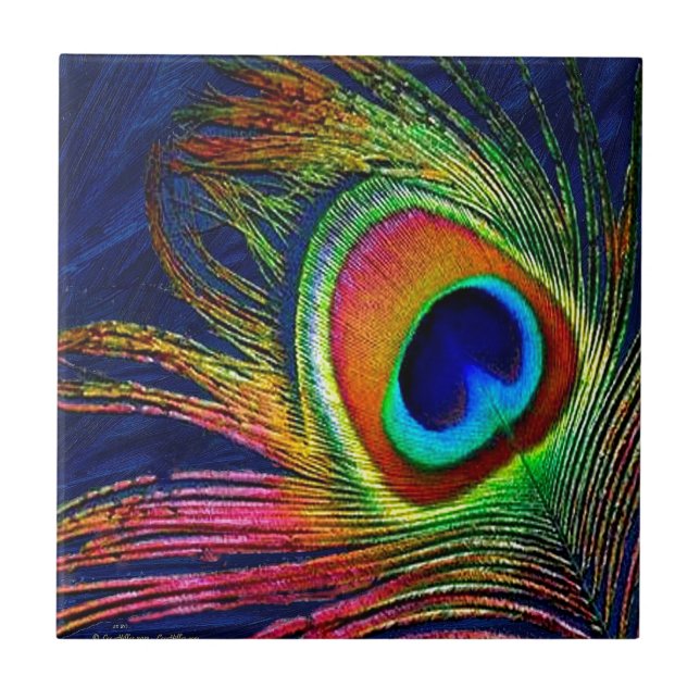 Colorful Peacock Feather Print Ceramic Tile (Front)