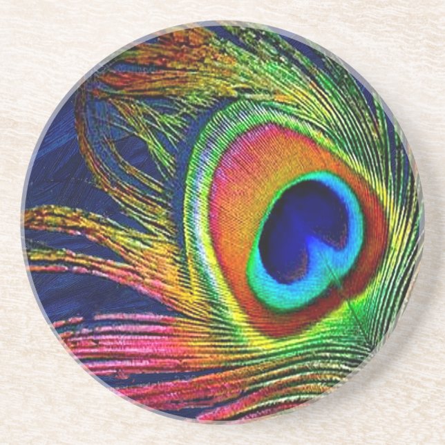 Colorful Peacock Feather Print Drink Coaster (Front)