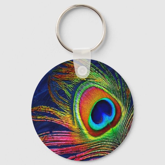Colorful Peacock Feather Print Keychain (Front)