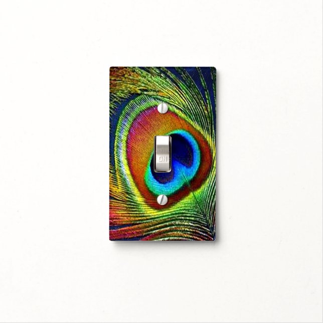 Colorful Peacock Feather Print Light Switch Cover (In Situ)