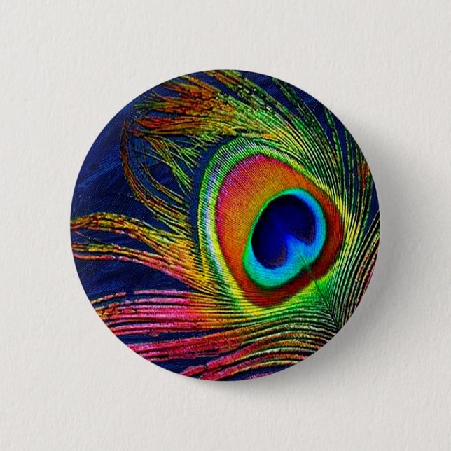 Colorful Peacock Feather Print Pinback Button (Front)