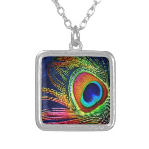 Colorful Peacock Feather Print Silver Plated Necklace